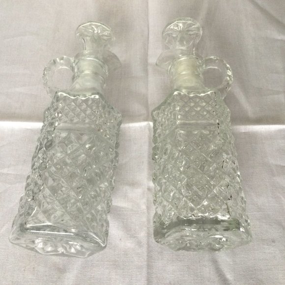 2 vintage bottle decanter clear glass lidded handled hexagonal diamond flower - Picture 7 of 7